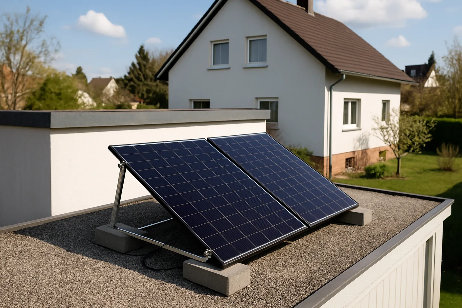 Zwei leicht geneigte Solarmodule auf dem Flachdach einer Fertiggarage neben einem Einfamilienhaus