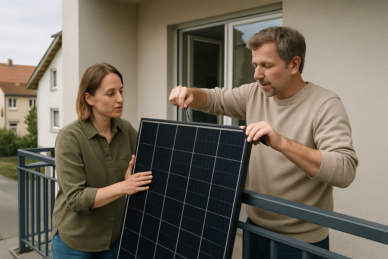 Zwei Personen befestigen gemeinsam ein Solarmodul mit Klemmen an einem Balkongeländer