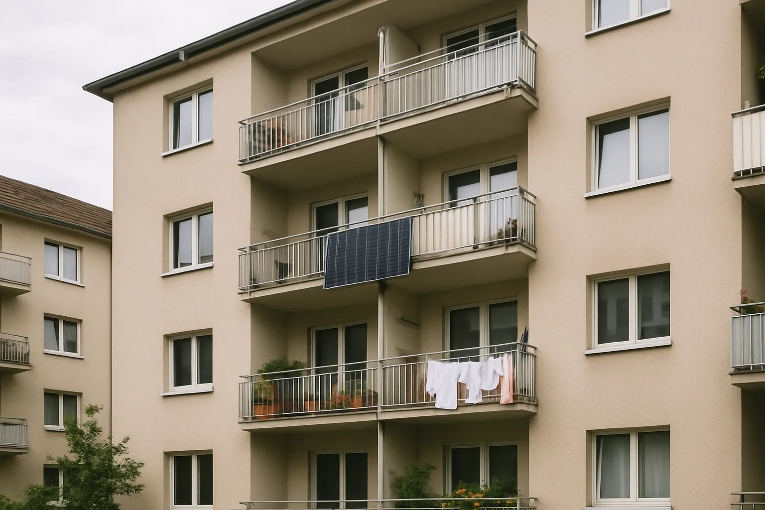 Solarmodul am Balkongeländer einer Mietwohnung in einem mehrstöckigen Wohnhaus