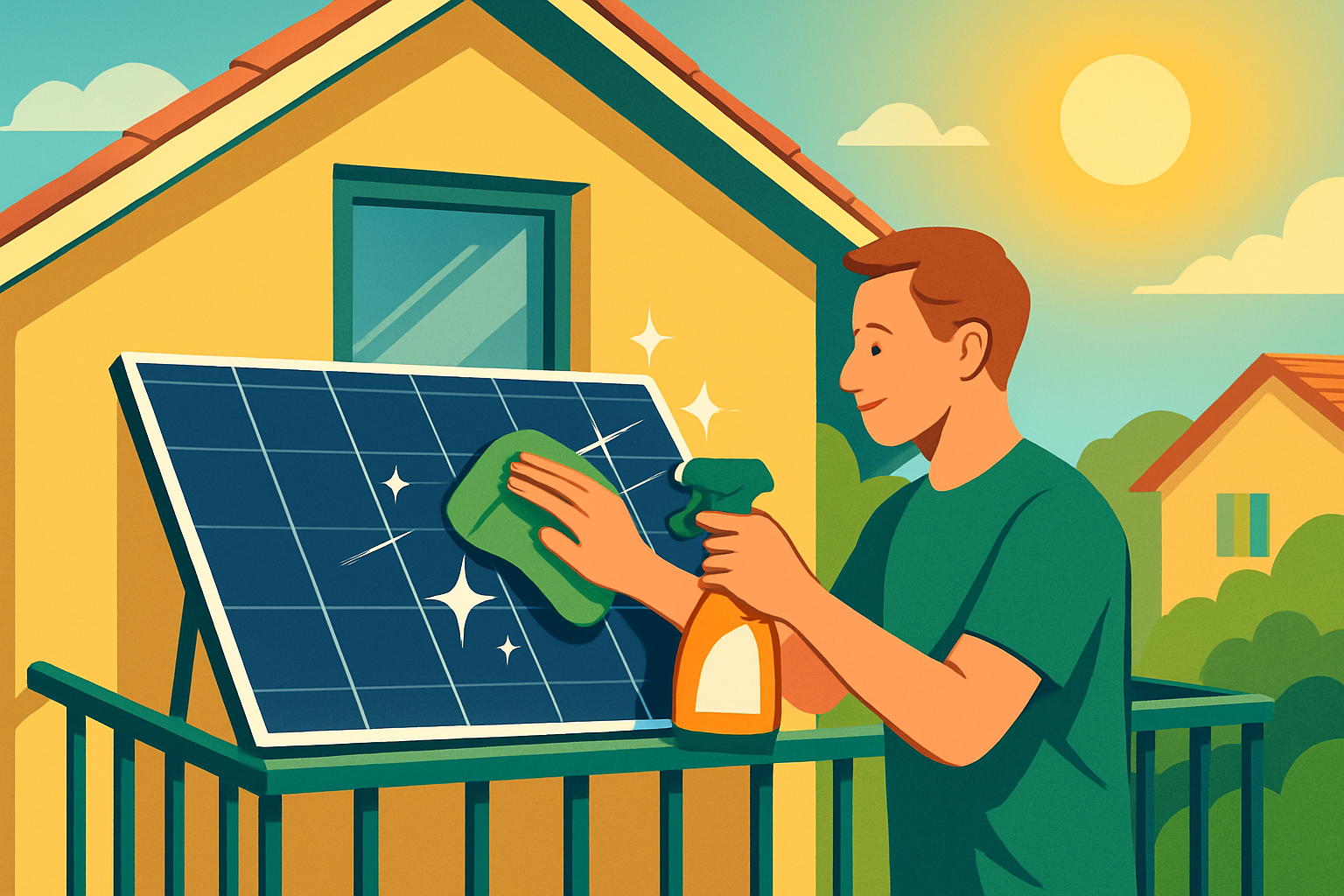 Person reinigt Solarmodul eines Balkonkraftwerks mit weichem Tuch und Wasser