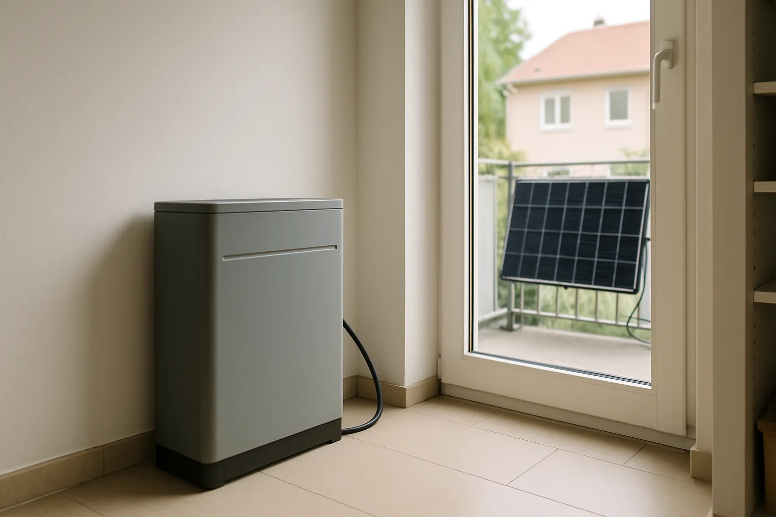 Kompakter Batteriespeicher in einem hellen Hauswirtschaftsraum, daneben ein Kabel zum Balkon