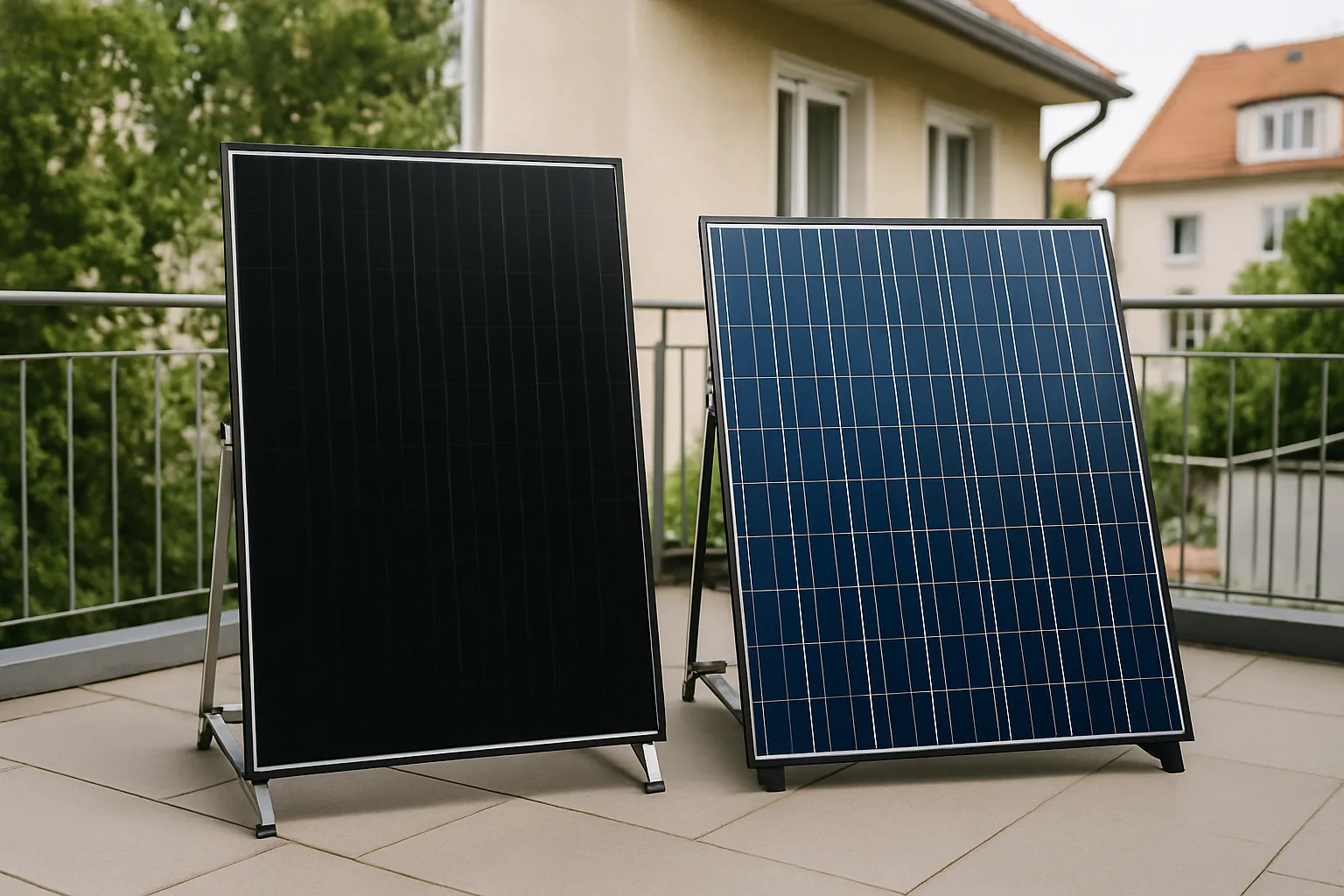 Zwei verschiedene Solarmodule mit Halterungen nebeneinander auf einer Dachterrasse